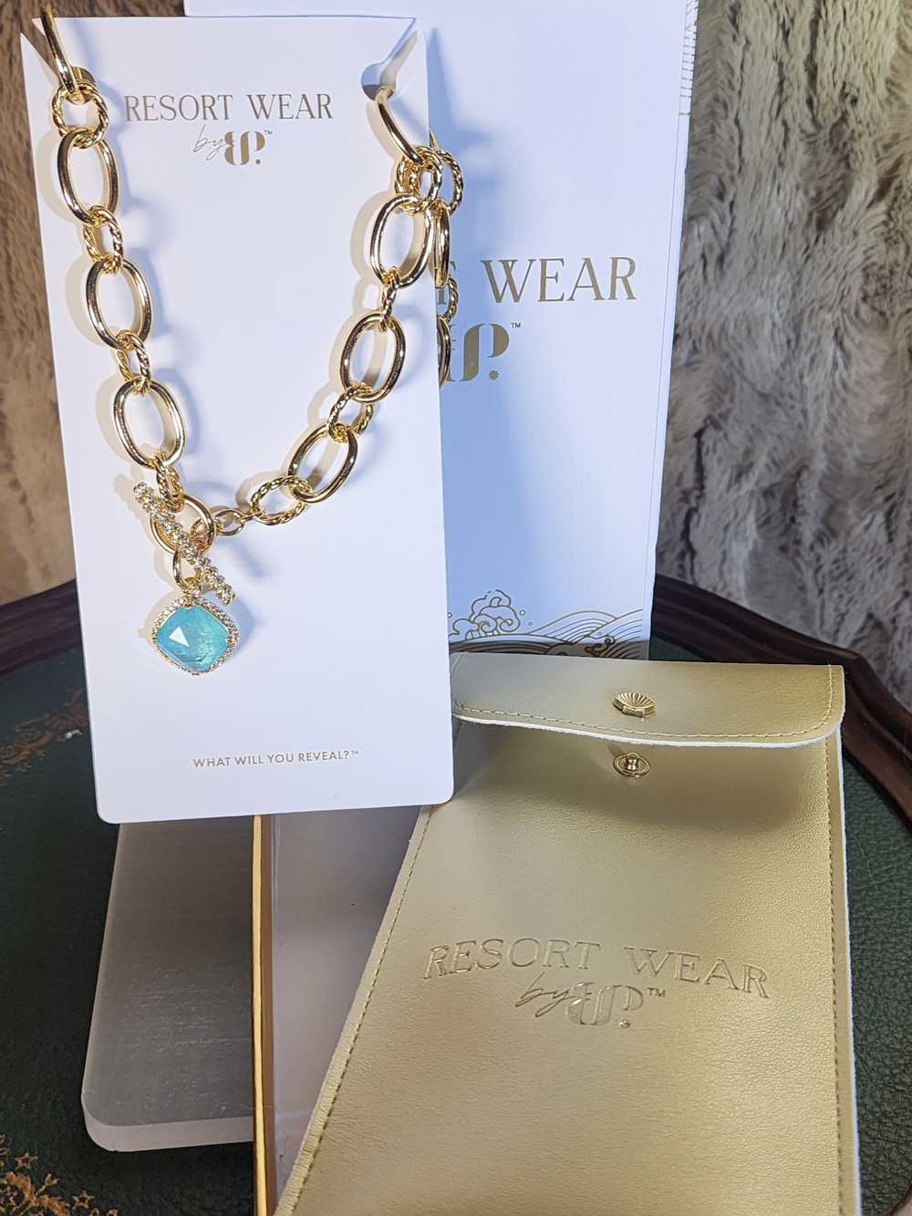 Resort Wear Gold Link Necklace with Aqua Blue Pendant